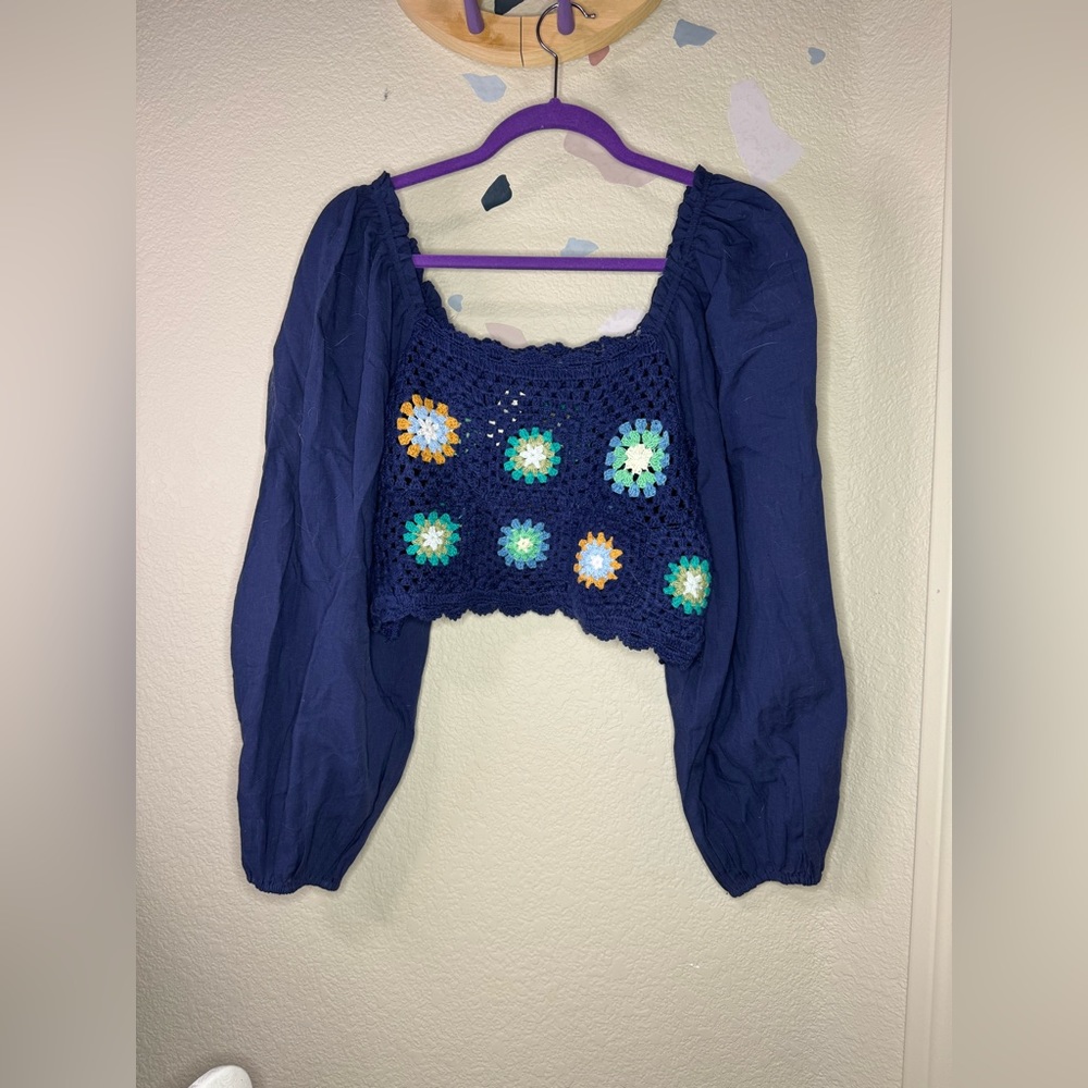 Women’s Aerie Boho Crocheted Festival Top w/ bubble sleeves- new w/ tags